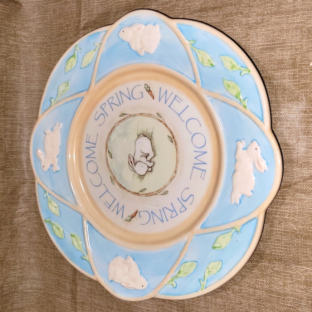 Welcome Spring Bunny Rabbit Plate Blue & Green by Russ
